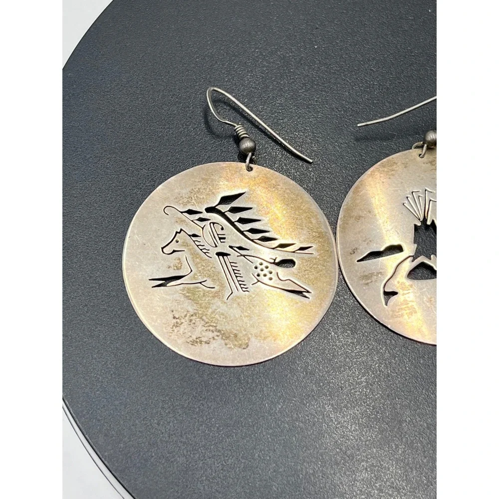 Vintage Sterling Southwestern Disc Earrings Horse Rider Mountain Bear Paw Hopi ?
